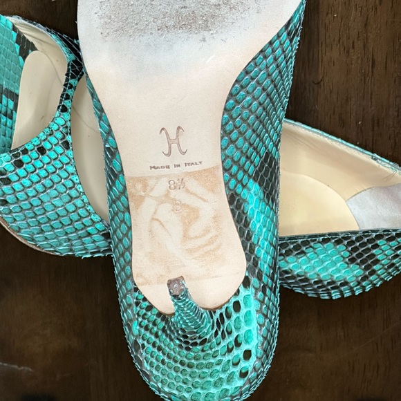 Cole Haan Real Snakeskin 8 1/2 Teal Open Toe Pumps - Picture 4 of 14